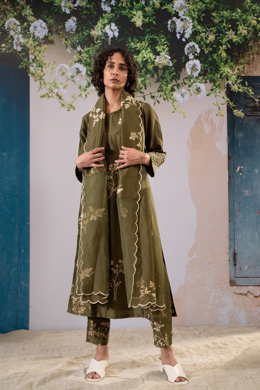 Discharge Print Olive Kurta Set With Organza Dupatta