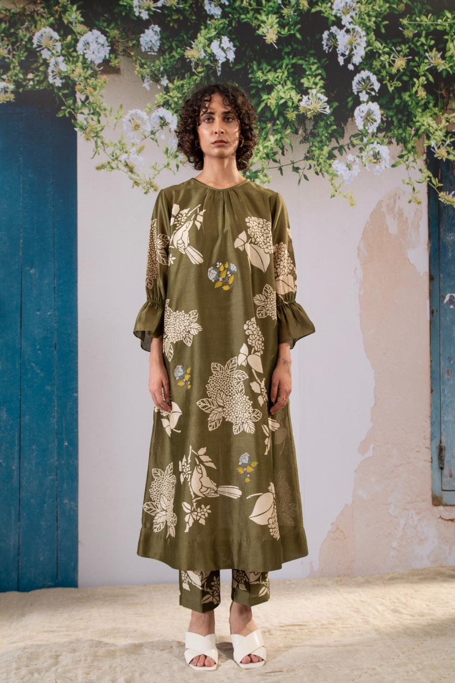 Discharge Print Olive Kurta Set