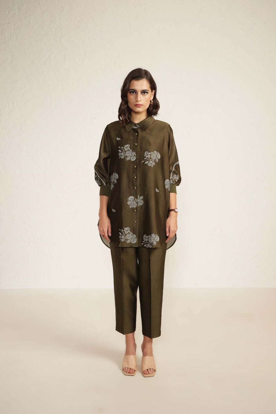 Olive Silk Chanderi Shirt with Embroidery and Silk Chanderi Straight Pants