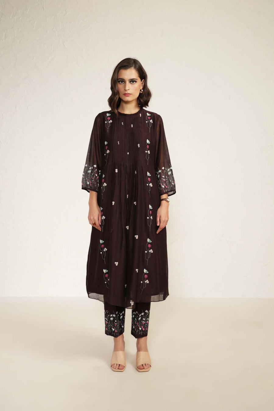 Grape Mul Chanderi Pleated Tunic with Straight Printed Pants in Silk Chanderi