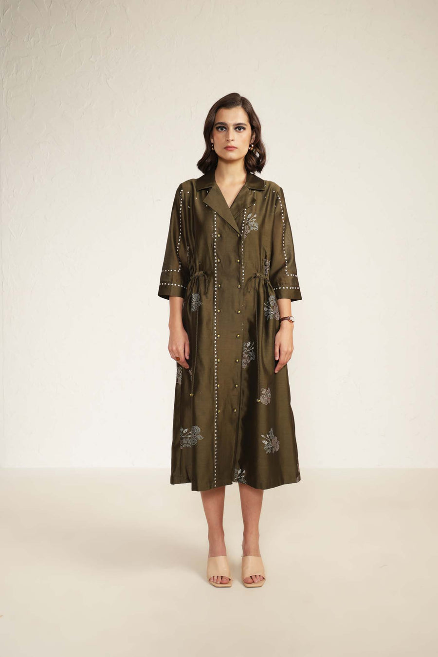 Olive Printed Side Gathered Shirt Dress in Silk Chanderi