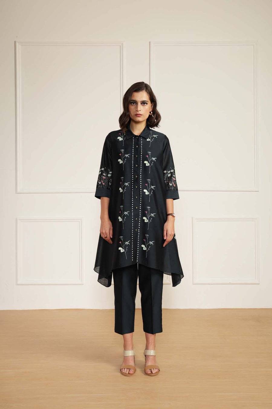 Indigo Silk Chanderi Shirt with Embroidery And Silk Chanderi Pants