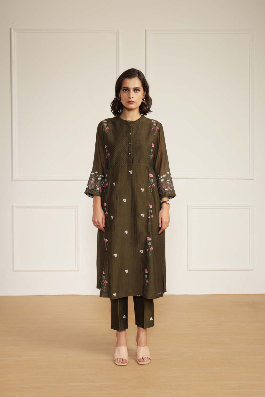 Olive Mul Chanderi Pin Tuck Tunic with Straight Printed Pants in Silk Chanderi