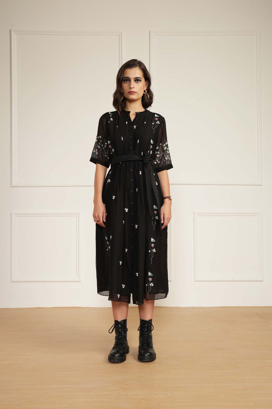 Pleated Printed Dress in Mul Chanderi