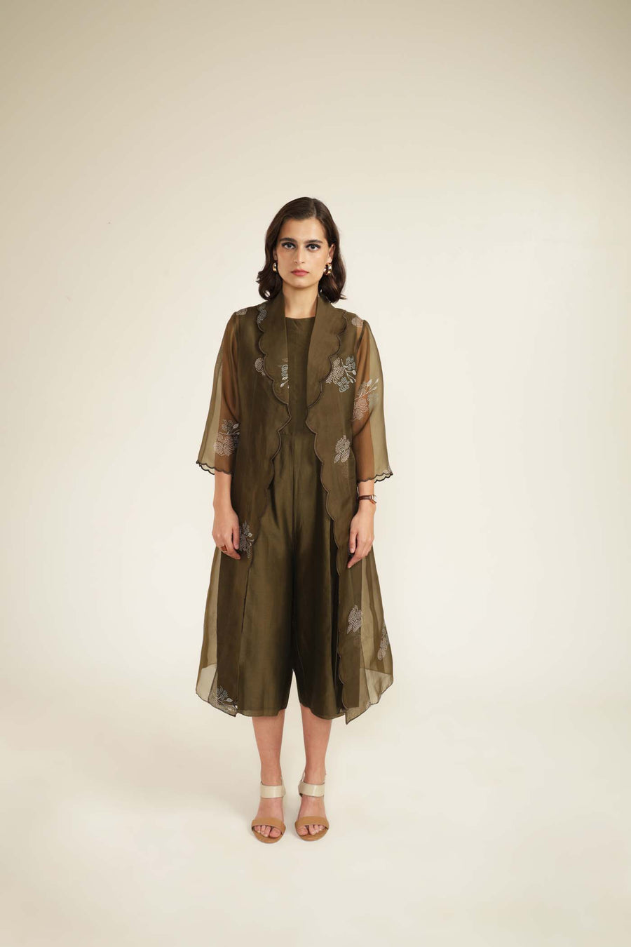 Solid Jumpsuit in Silk Chanderi with Scalloped Collar Printed Organza Jacket