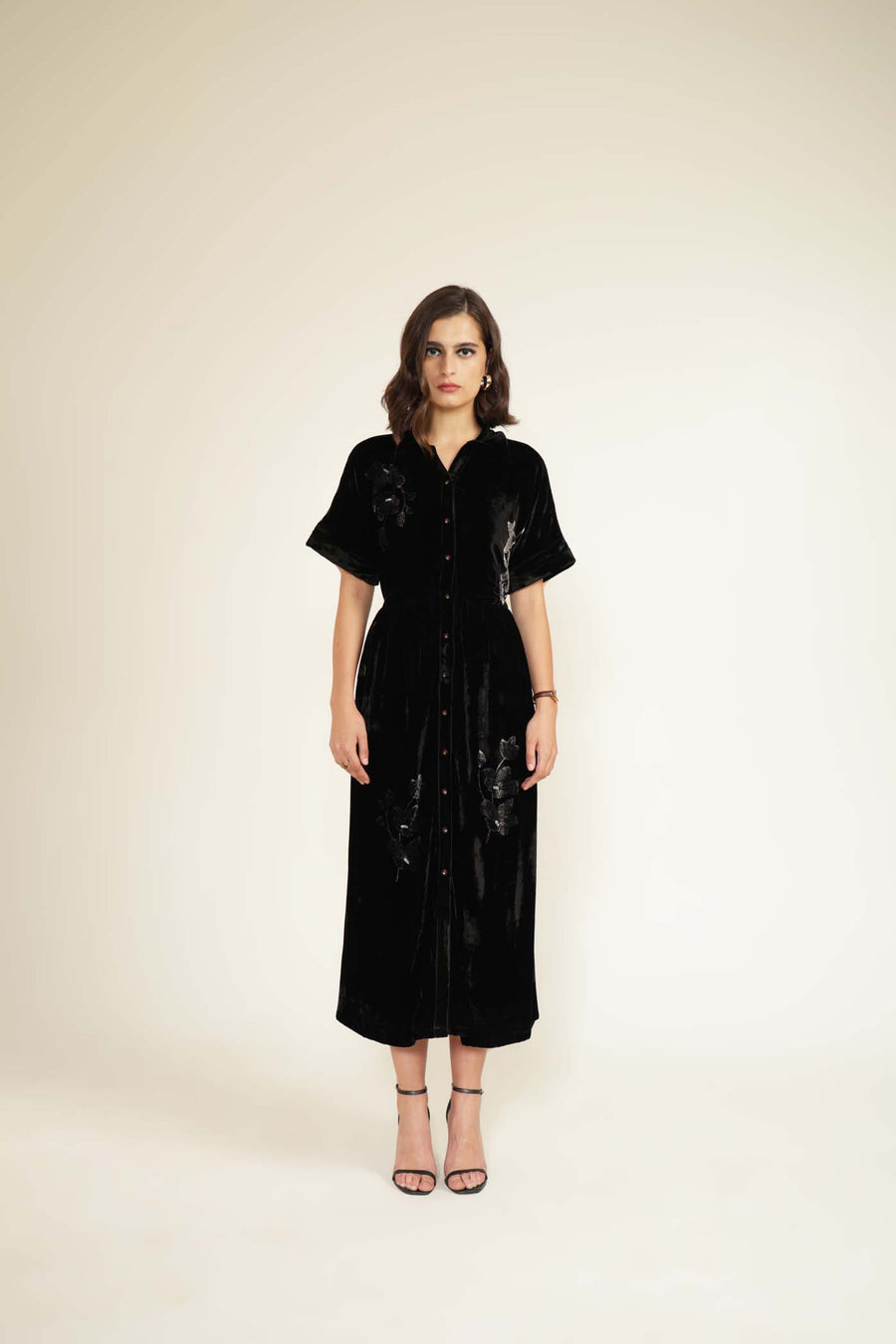 Drop Shoulder Discharge Print Dress in Silk Velvet with Hand Embroidery Details