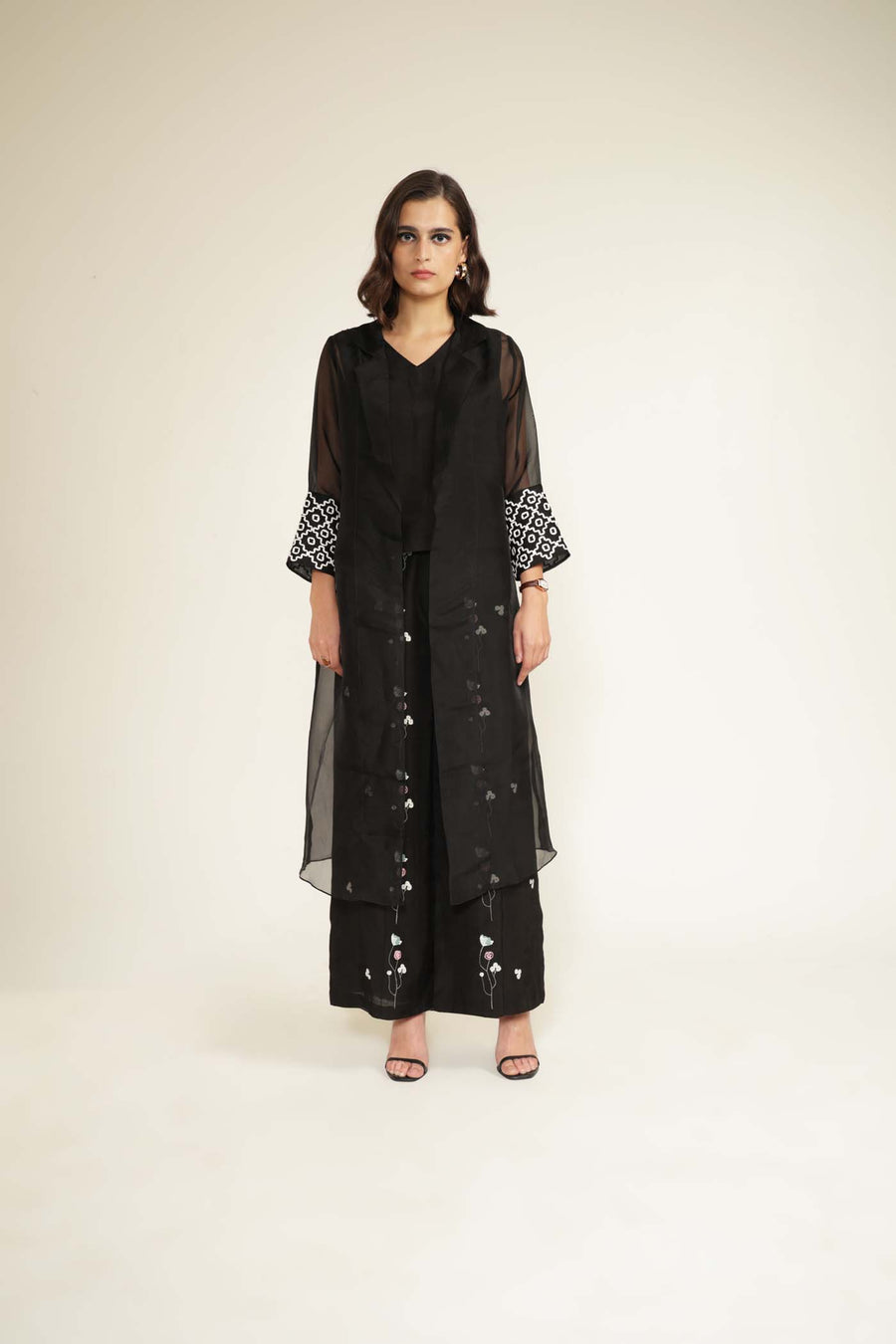 Black Organza Jacket with Embroided Sleeves and Printed Flared Pants in Linen