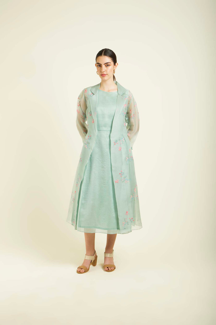 Mint Printed Organza Jacket With Plain Dress In Stripe Organza