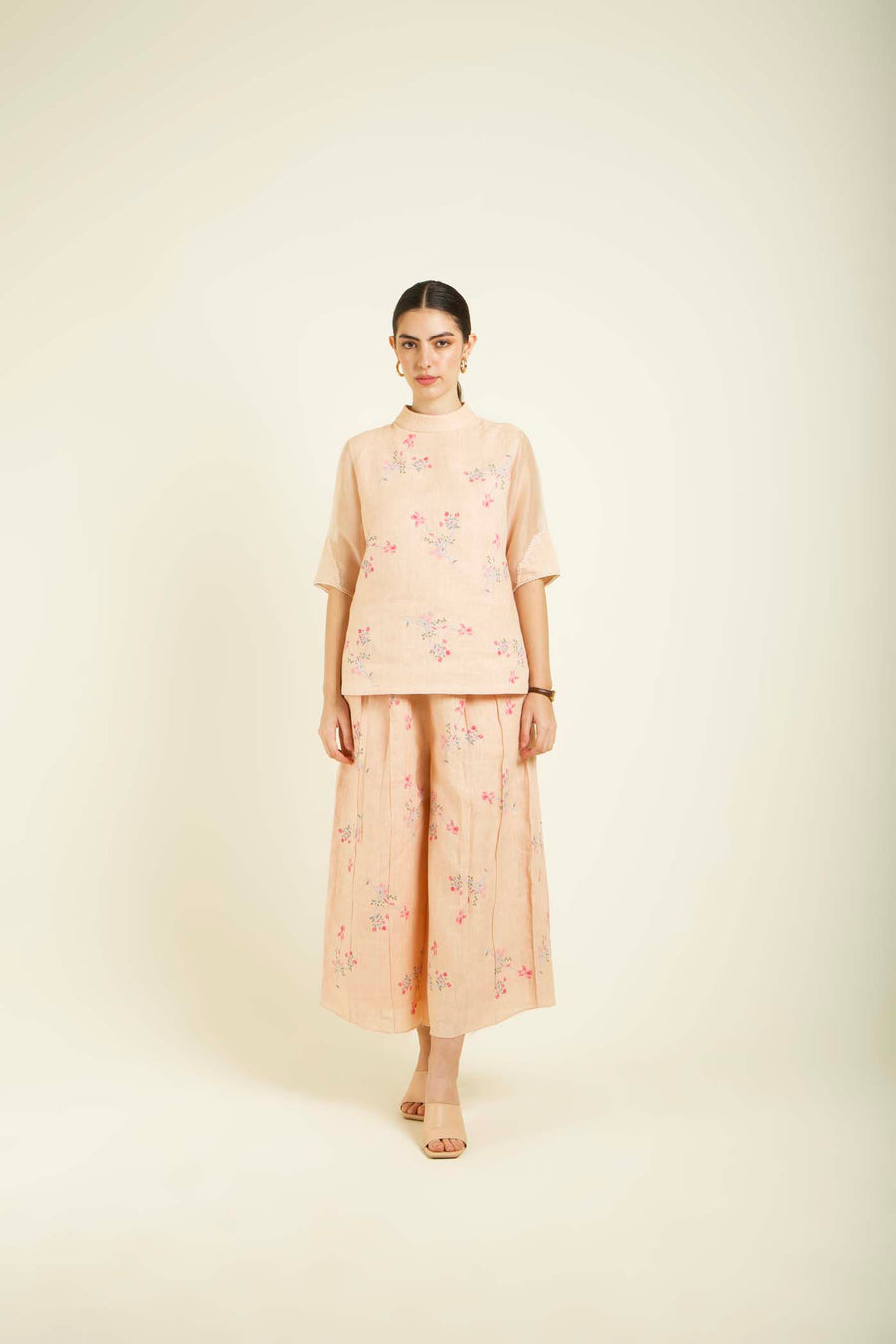 Old Rose Printed Top With Culottes In Linen