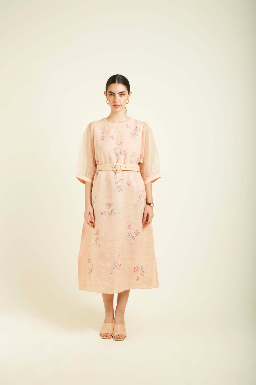 Old Rose Printed A-Line Dress In Linen With Quilted Belt