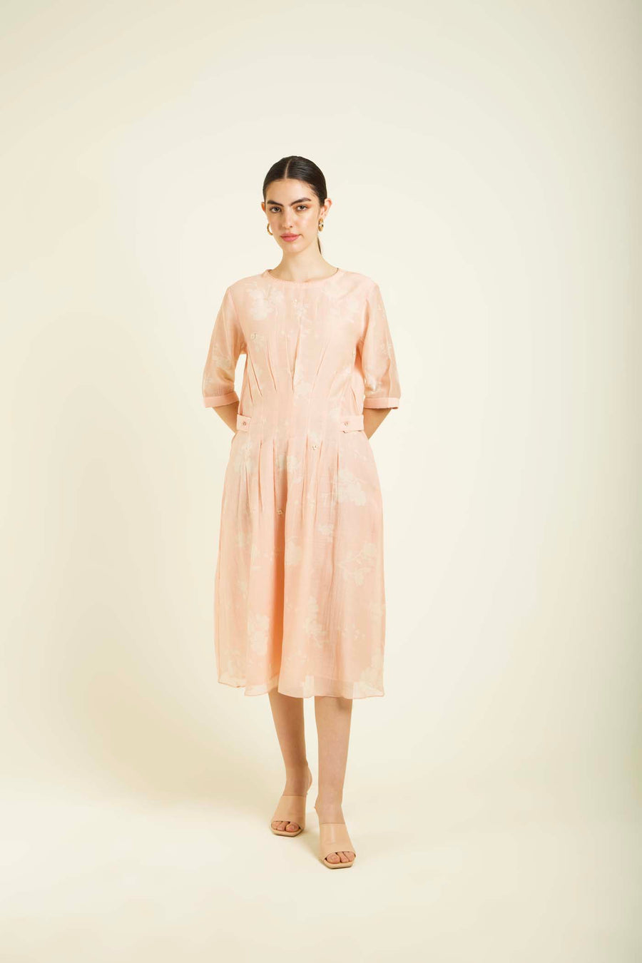 Old Rose Bon Pleated Dress In Mul Chanderi With Embroidery Details