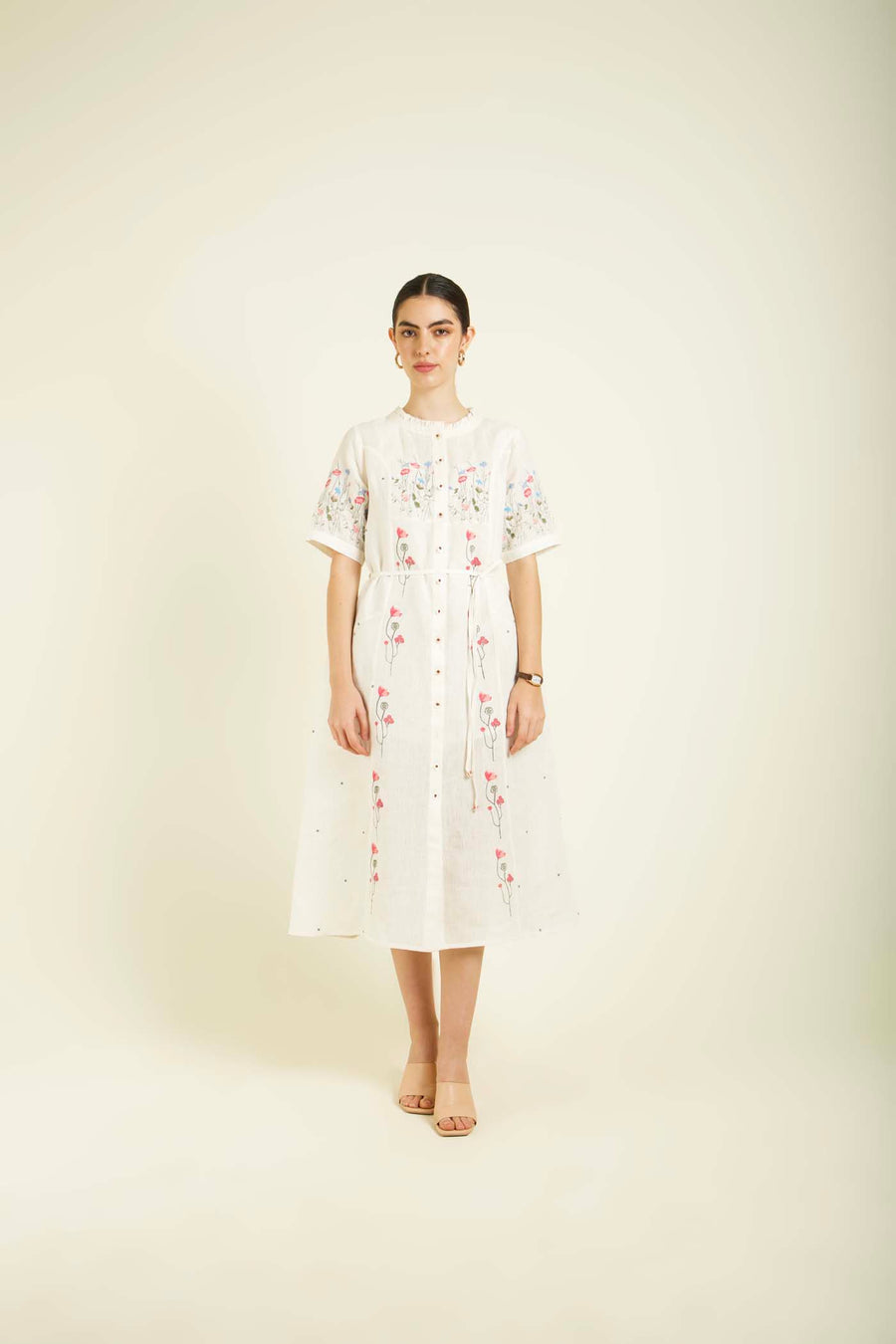 Ivory Printed A-Line Dress In Linen