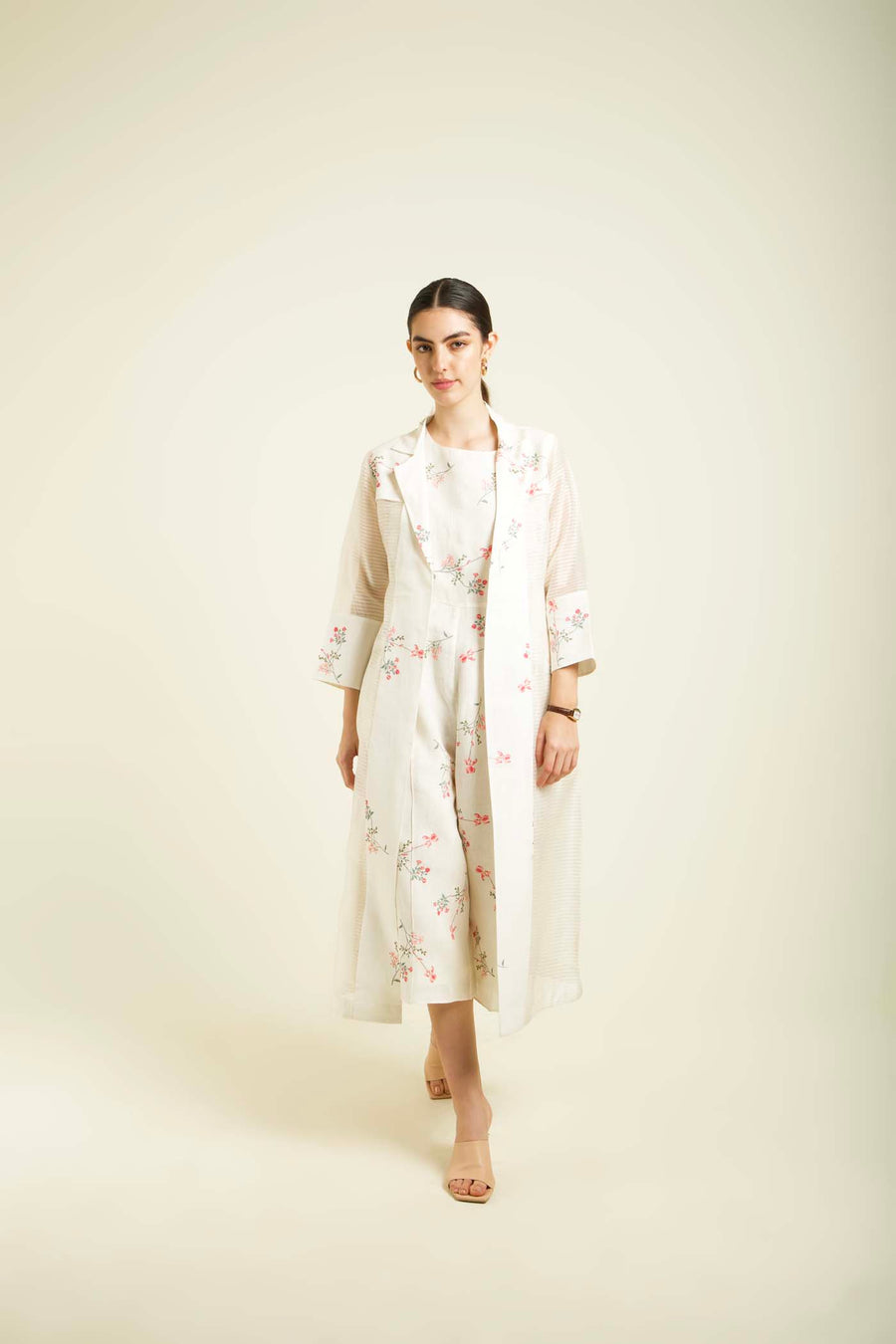 Ivory Stripe Organza Jacket With Printed Linen Jumpsuit