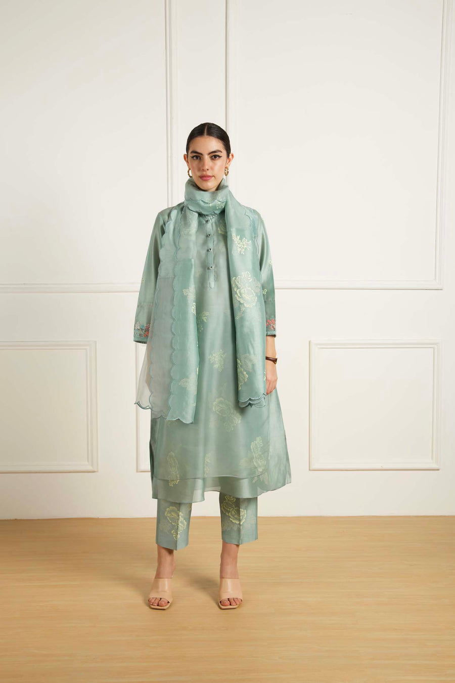 Mint Double Layer Tunic And Pants In Silk Chanderi With Amaltas Embroidery