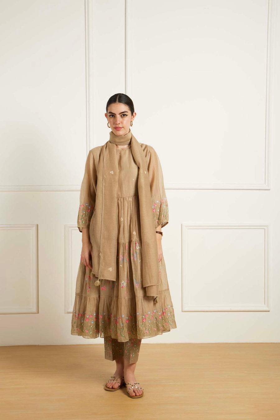 Beige Gathered Tunic In Mul Chanderi And Pants In Silk Chanderi