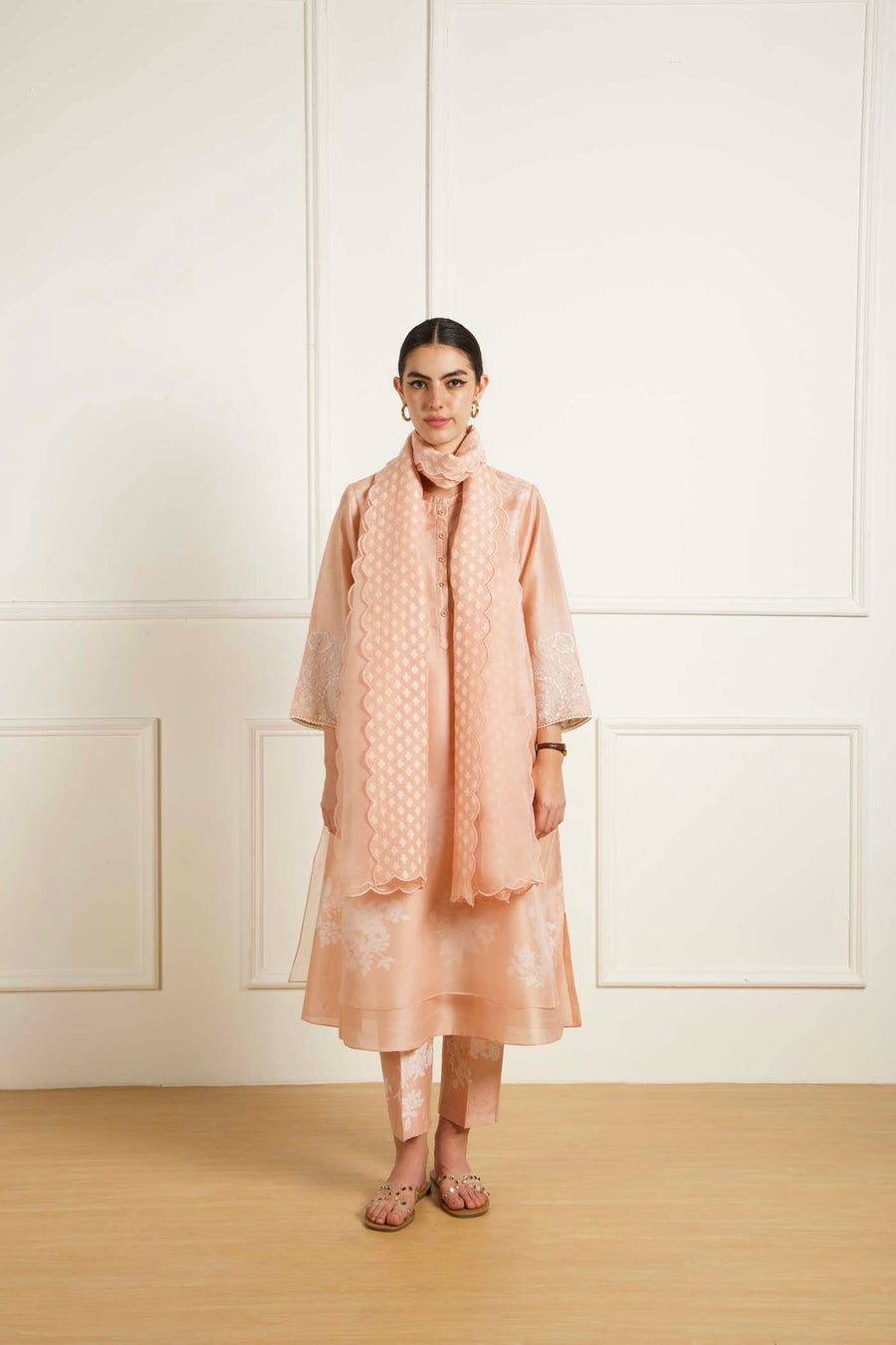 Old Rose Double Layer Tunic And Pants In Silk Chanderi