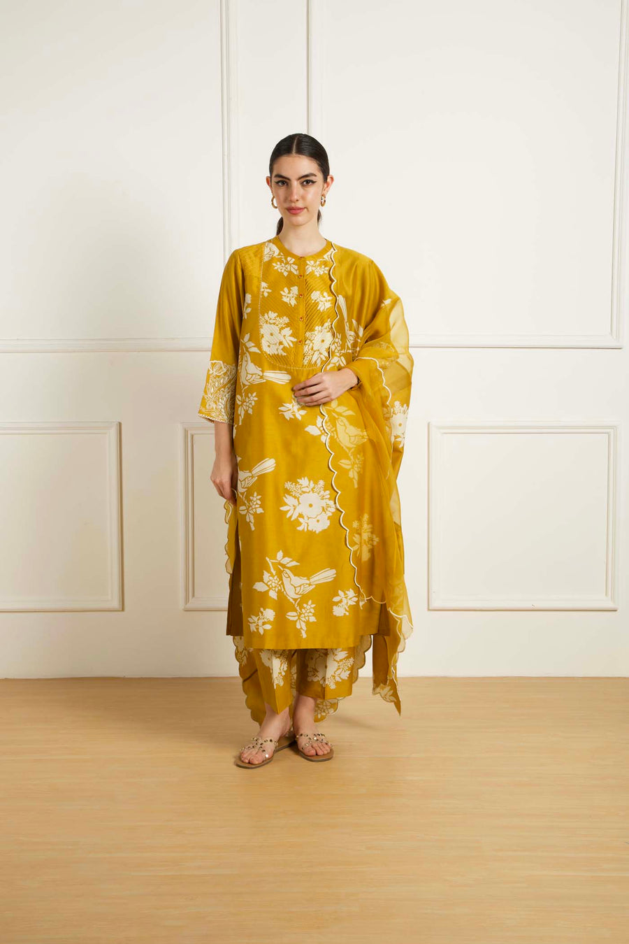 Ochre Discharge Print Tunic In Silk Chanderi With Dori Embroidery And Pants In Silk Chanderi