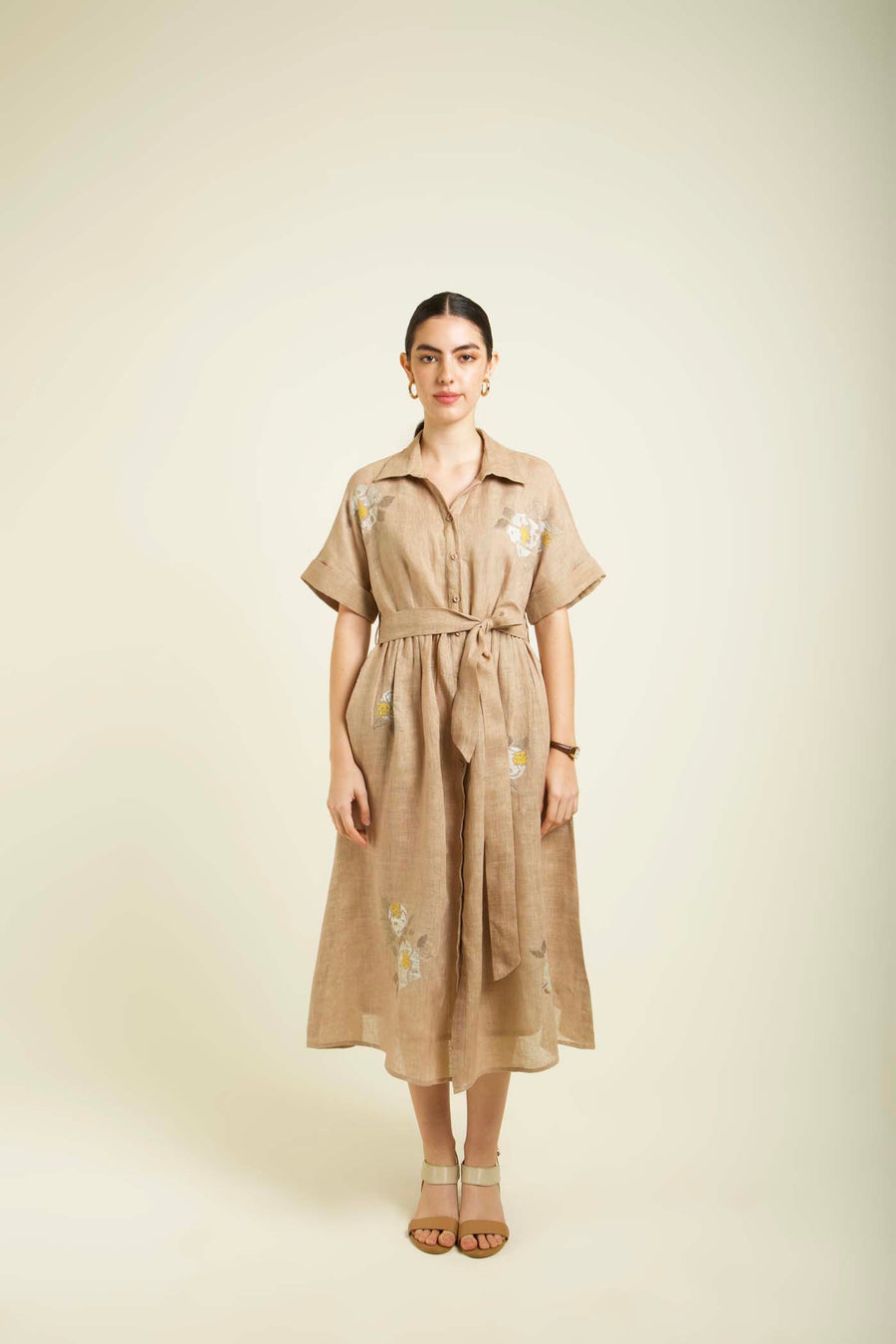 Beige Embroided Drop Shoulder Dress In Gauze Linen