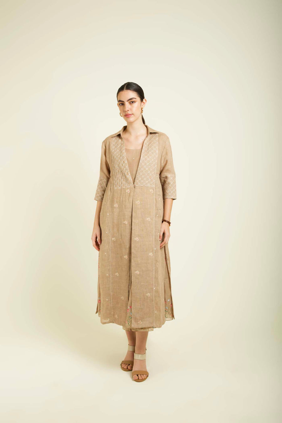 Beige Gauze Linen Jacket With Embroidery And Tier Dress In Mul Chanderi