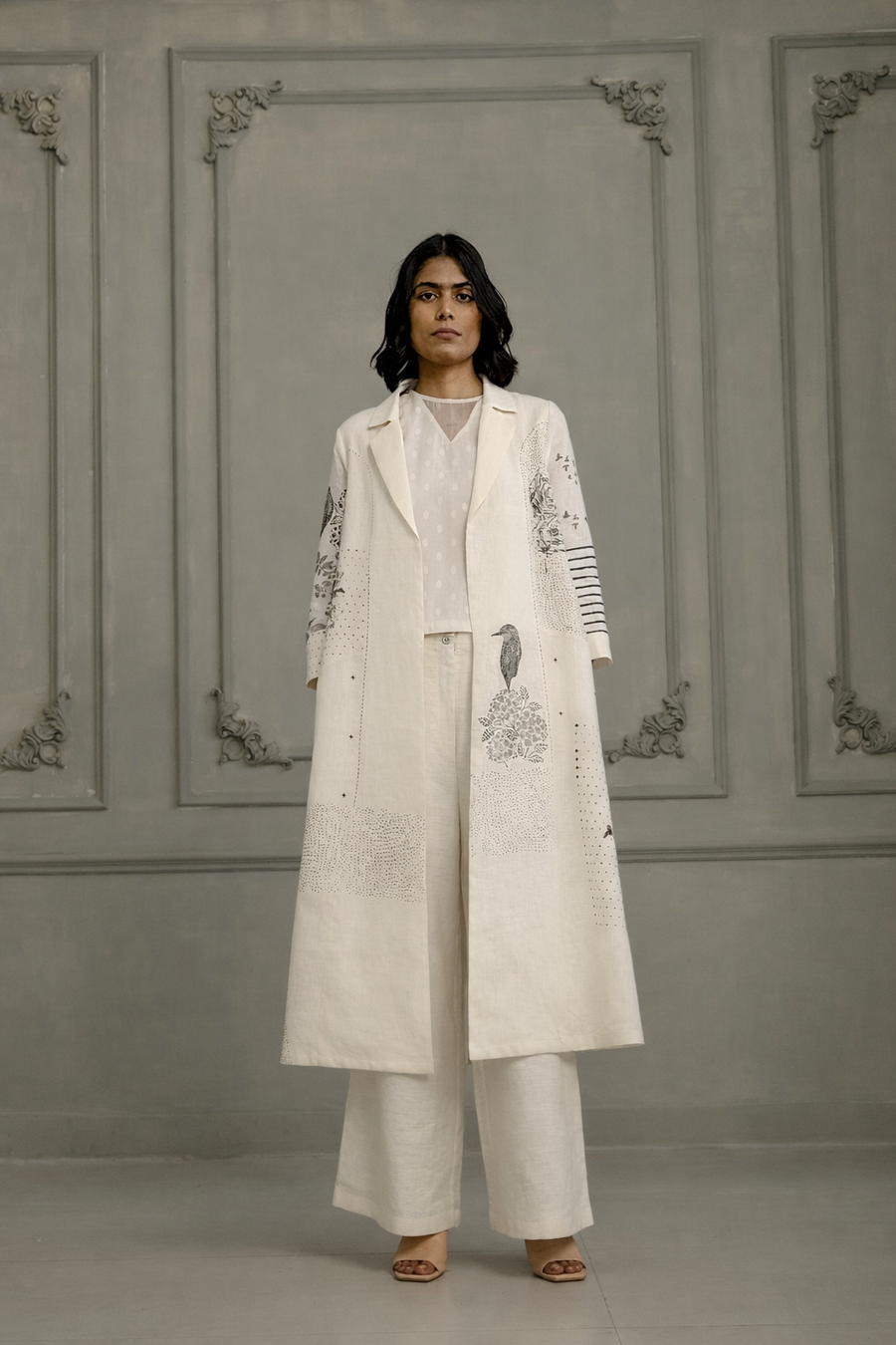 Ivory Embroidery And Block Print Jacket With Top And Flared Pant In Linen