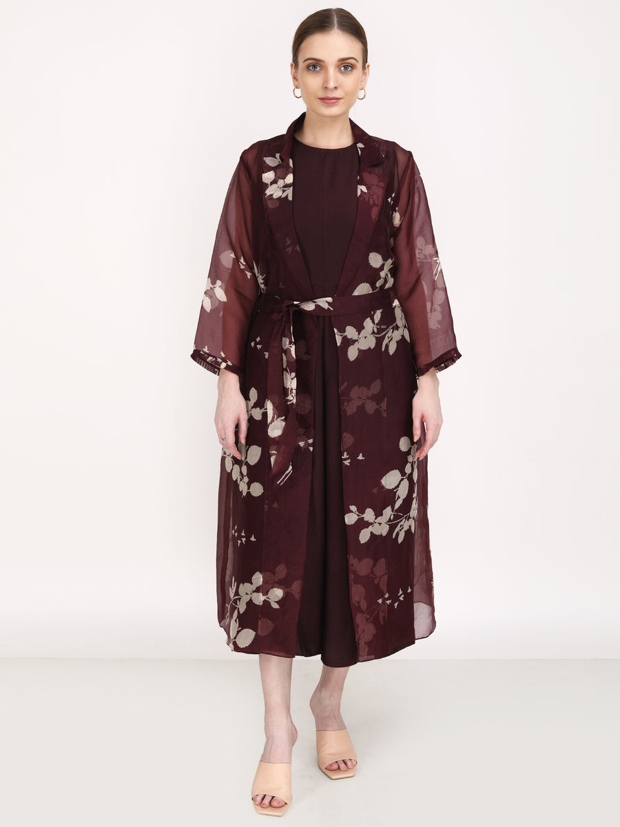 Solid Jumpsuit with Petal Printed Organza Jacket