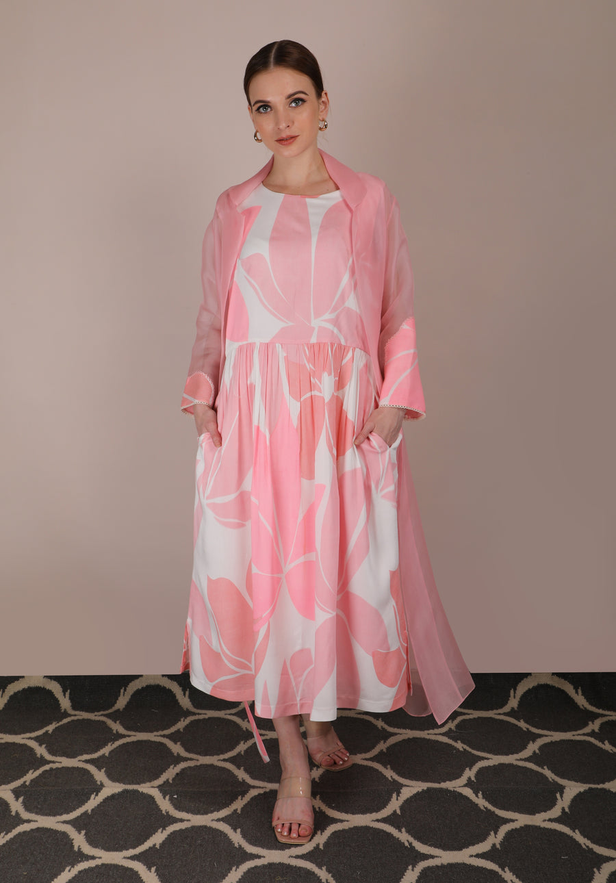 Lotus Print Dress With Pink Organza Jacket-Full Set-ARCVSH by Pallavi Singh