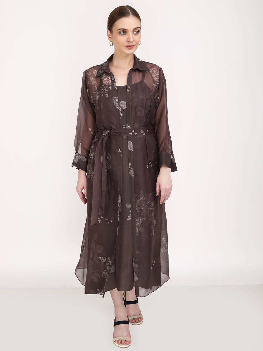 Petal Printed Dress with Organza Jacket