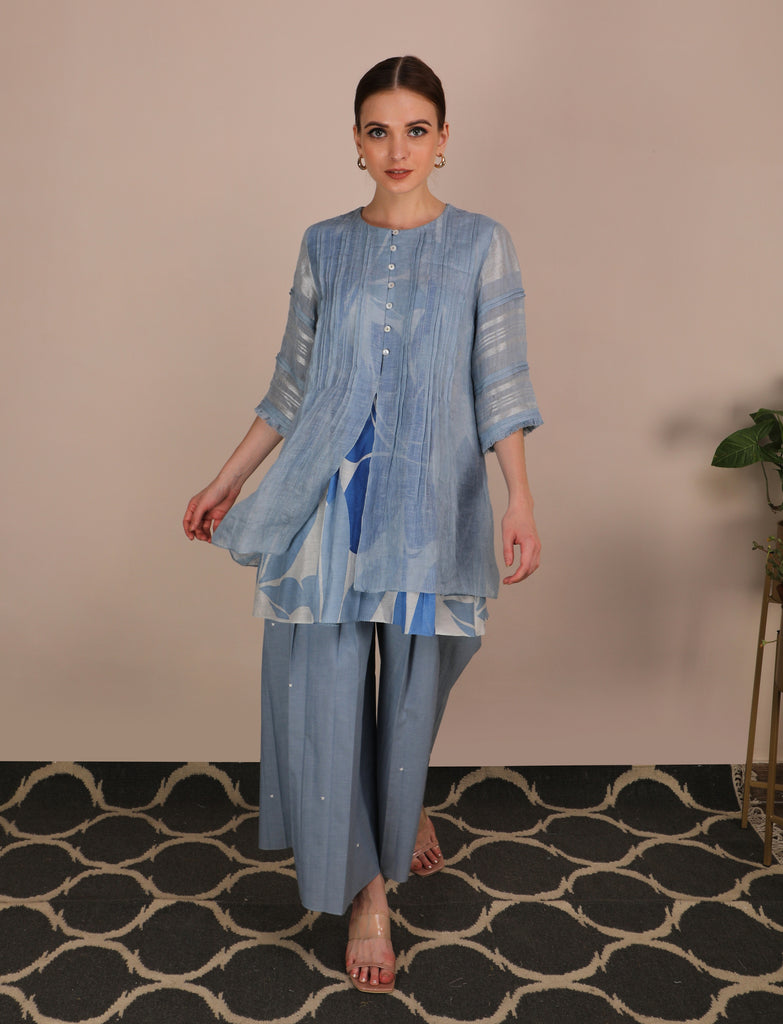 Blue Denim Embroidered Culottes-Top-ARCVSH by Pallavi Singh