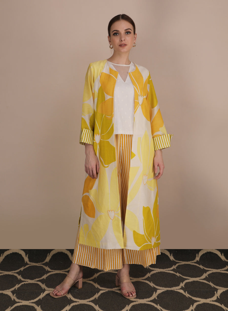Lotus Print Jacket With Self Textured Top +Stripe Cullotes-Full Set-ARCVSH by Pallavi Singh