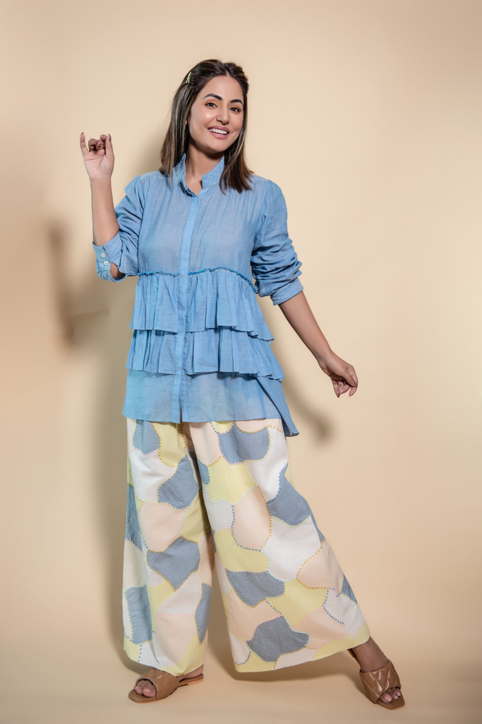 Hina Khan | Blue Tiered Top With Multi Scrap Culottes-Full Set-ARCVSH by Pallavi Singh