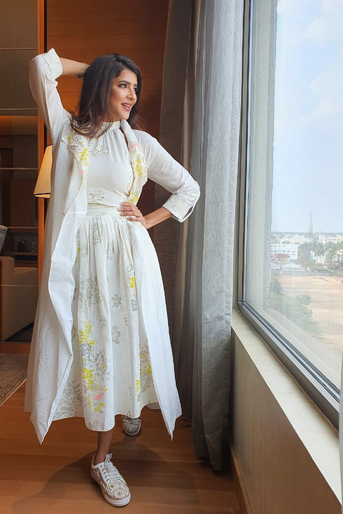 Lakshmi Manchu | Ivory Jacket With Top And Roses Printed Skirt-Full Set-ARCVSH by Pallavi Singh
