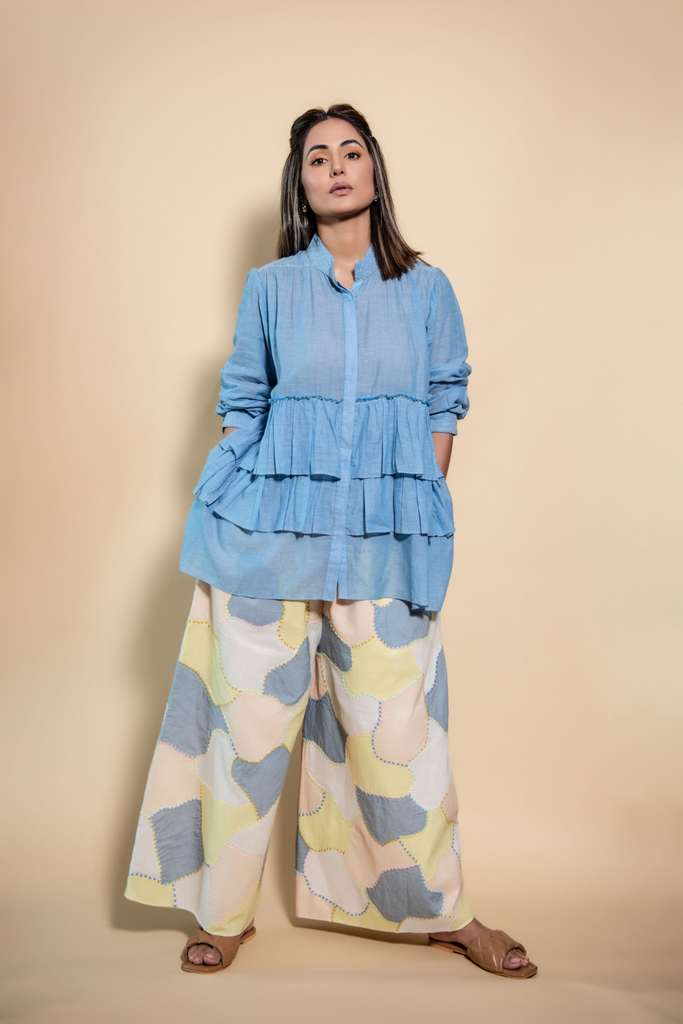Hina Khan | Blue Tiered Top With Multi Scrap Culottes-Full Set-ARCVSH by Pallavi Singh