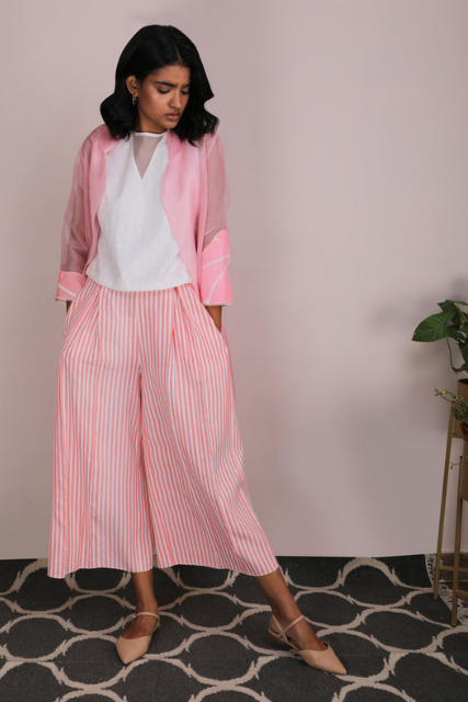 Pink Organza Jacket With Self Textured Top And Pink Stripe Culotes-Full Set-ARCVSH by Pallavi Singh