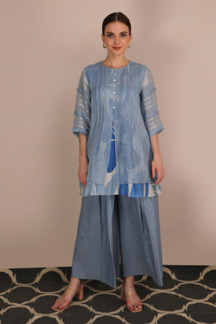 Blue Denim Embroidered Culottes-Top-ARCVSH by Pallavi Singh