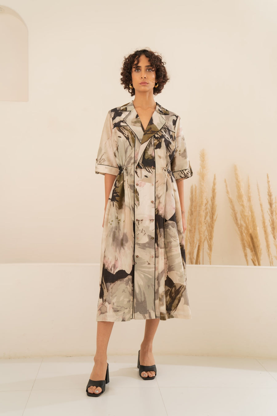 SCATTERED PETALS CHANDERI SIDE GATHERED SHIRT DRESS