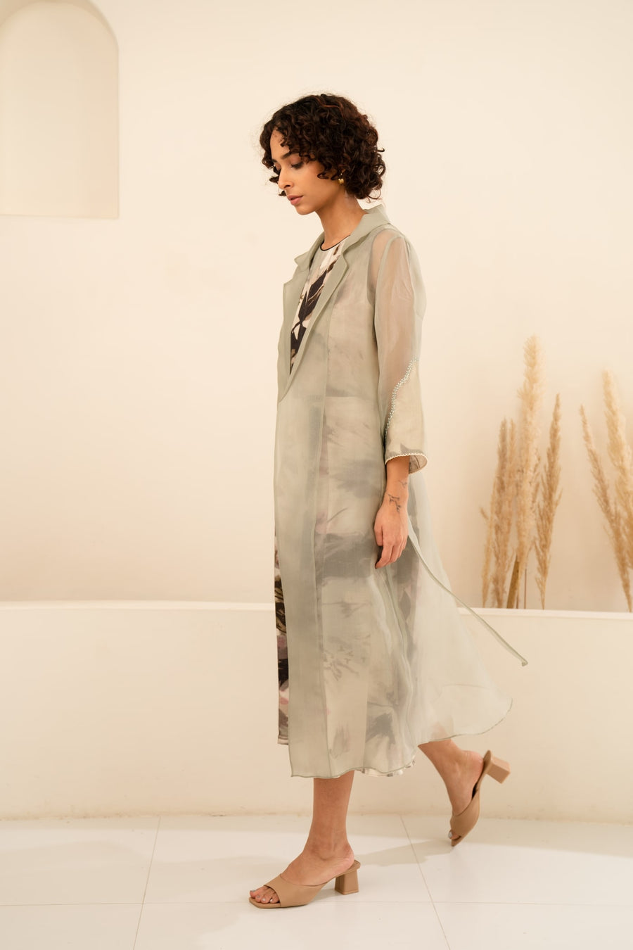 MINT ORGANZA SOLID JACKET + SCATTERED PETALS LINEN JUMPSUIT