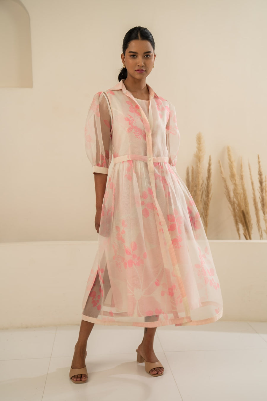 PINK ORGANZA PETAL PRINTED DOUBLE LAYER DRESS