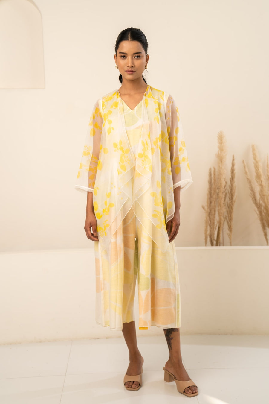 YELLOW ORGANZA PETAL PRINTED JACKET + PRINTED JUMPSUIT