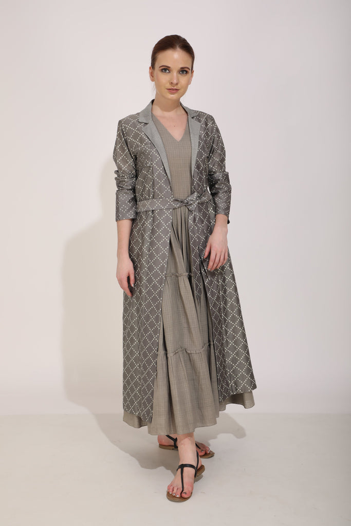 Gauahar Khan | Grey Checks Printed Jacket With Tiered Dress-Full Set-ARCVSH by Pallavi Singh