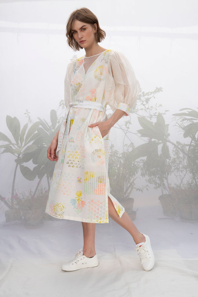 Ivory Hand Block Printed Flare Sleeve Dress-Dress-ARCVSH by Pallavi Singh