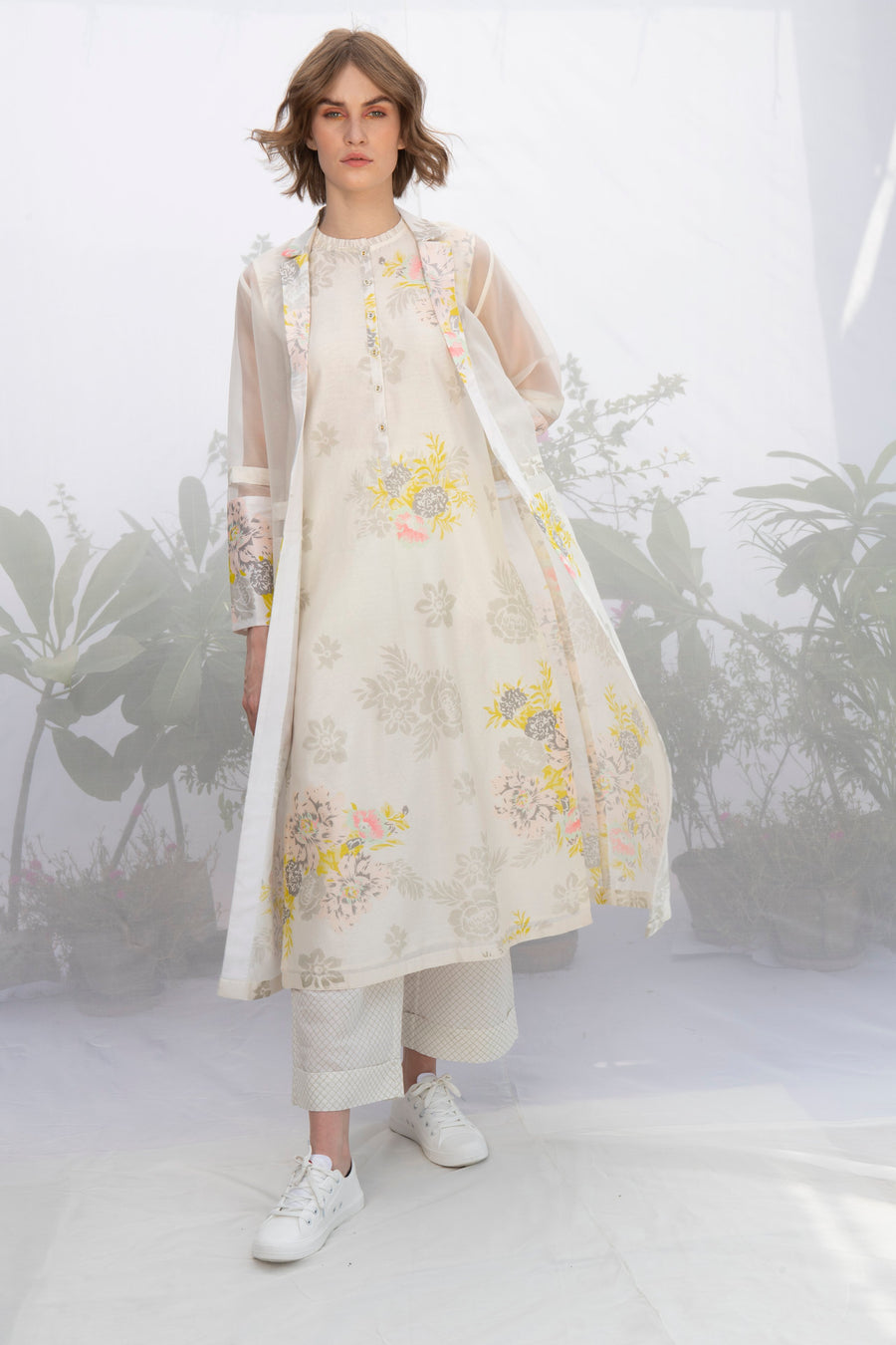 Ivory Roses Print Tunic With Jacket And Pants-Tunic-ARCVSH by Pallavi Singh