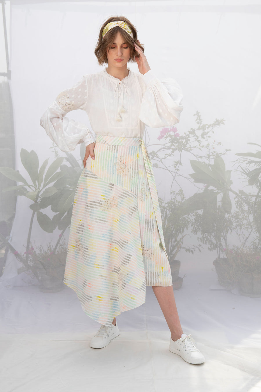 Ivory Cotton Top With Multi Stripe Wrap Skirt-Skirt-ARCVSH by Pallavi Singh