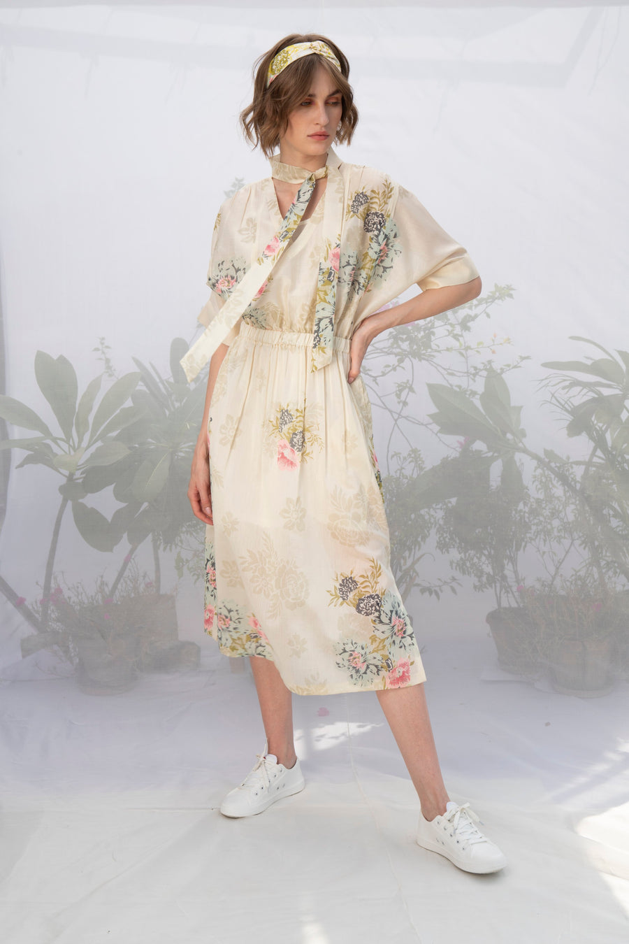 Ivory Roses Printed Front Pleat Dress-Dress-ARCVSH by Pallavi Singh