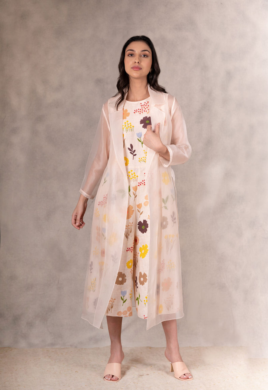 Floral Print Linen Jumpsuit With Organza Jacket In Peach-Jumpsuit And Jacket-ARCVSH by Pallavi Singh