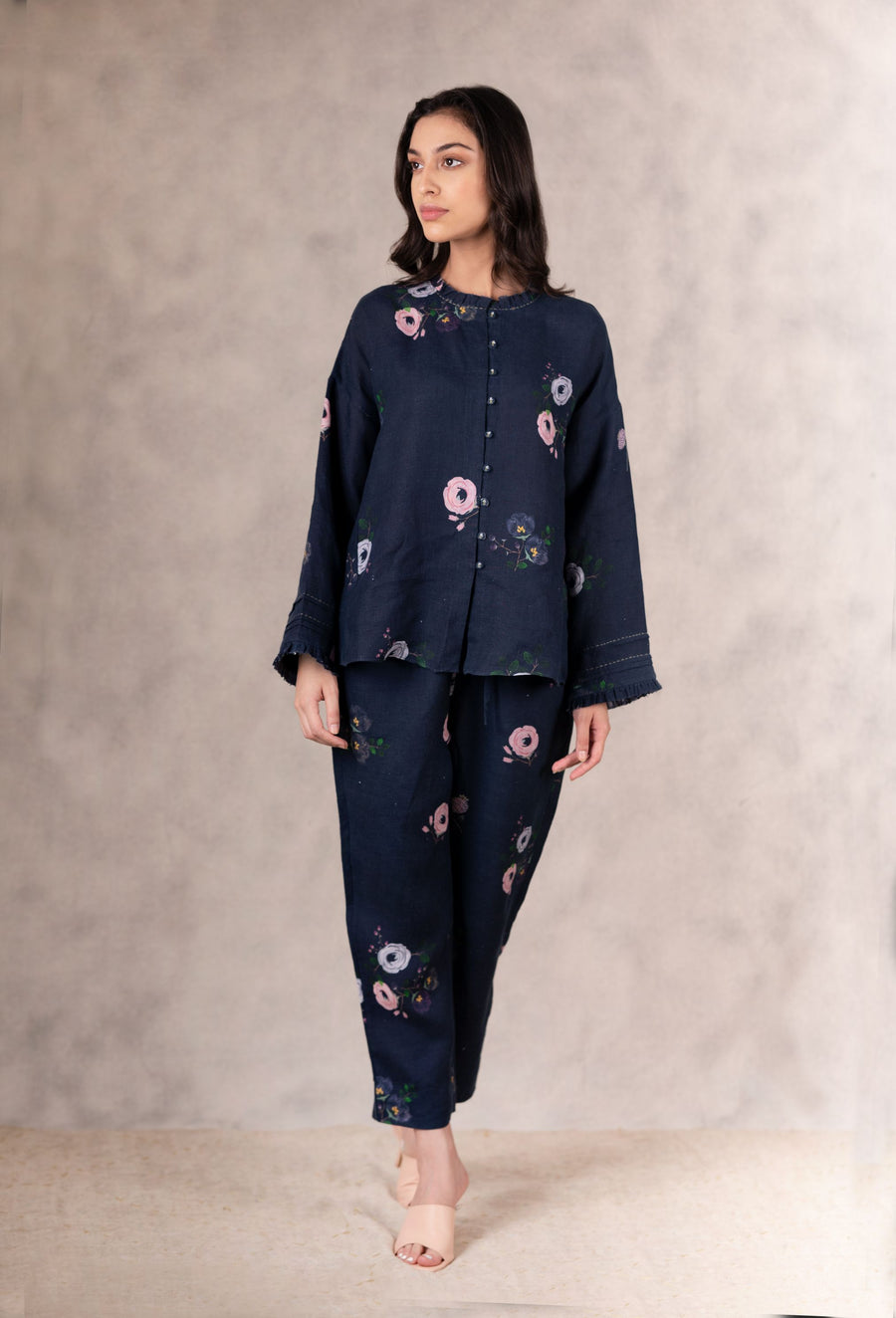 Navy Eden Print Side Gusset Top And Pant Set In Linen With Hand Embroidery Details-Co-Ord Set-ARCVSH by Pallavi Singh