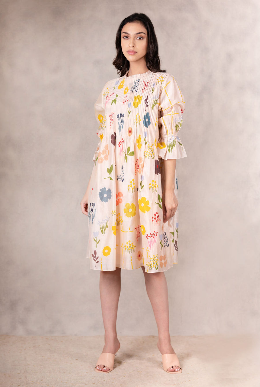 Floral Print Pink Tuck Dress With Handmade Details In Chanderi-Dress-ARCVSH by Pallavi Singh