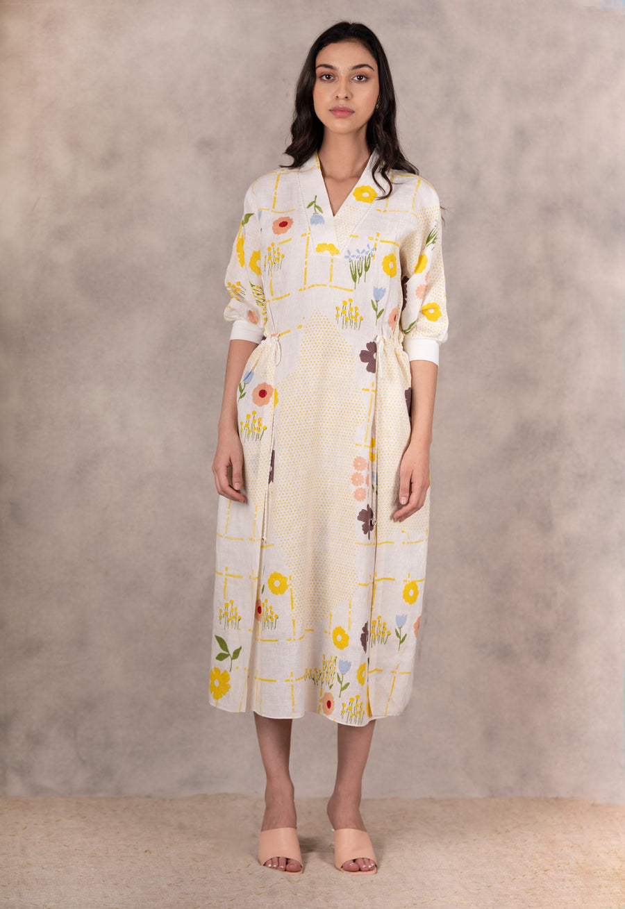 Hand Made Floral Dress With Fron Slit In Linen-Dress-ARCVSH by Pallavi Singh