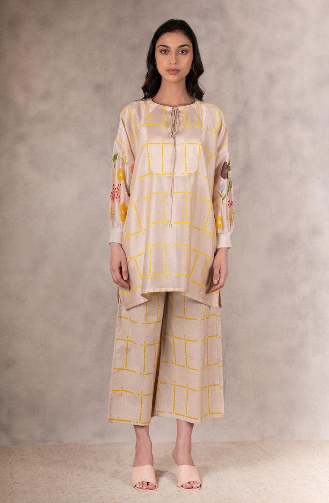 Printed Sleeve Long Top And Pants In Chanderi And Linen With With Hand Made Details-Co-Ord Set-ARCVSH by Pallavi Singh