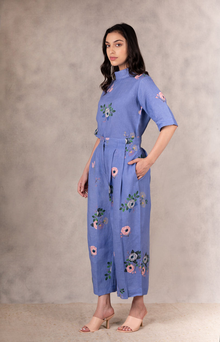 Twilight Eden Print Top With Back Buttons In Linen-Co-Ord Set-ARCVSH by Pallavi Singh