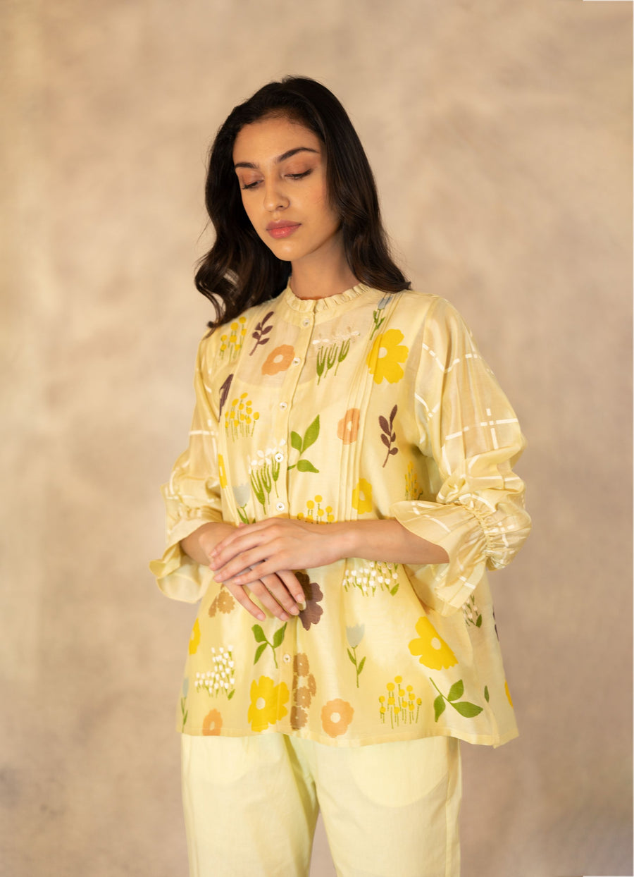 Floral Printed And Embroidered Top In Chanderi-Top-ARCVSH by Pallavi Singh
